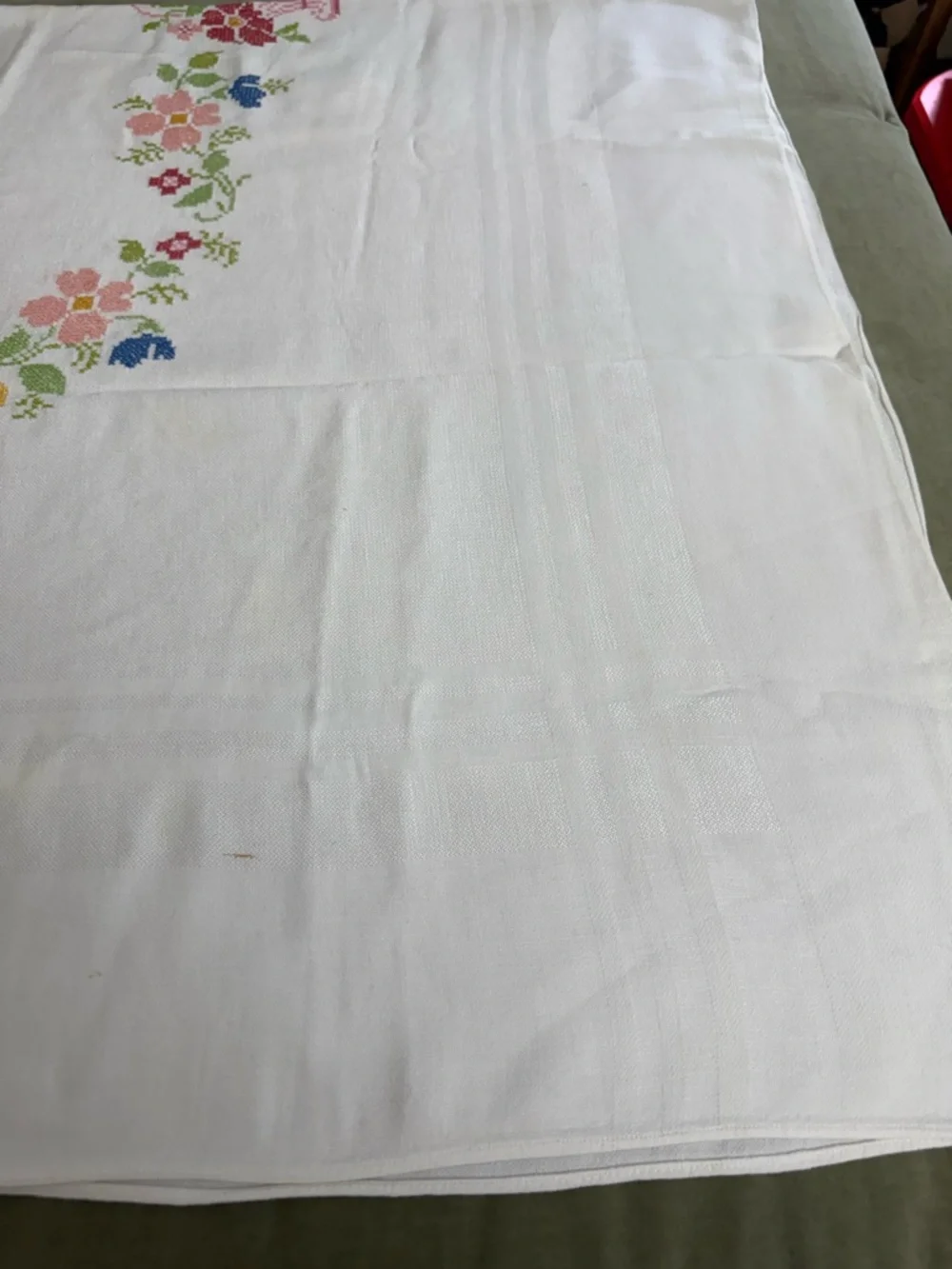 Embroidered Floral Linen Tablecloth - White with Pastel Flowers  OSK